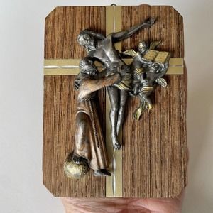 Vtg Peltro Christ Crucifix with Father Angels and Bible, Pewter on Wood, Italy
